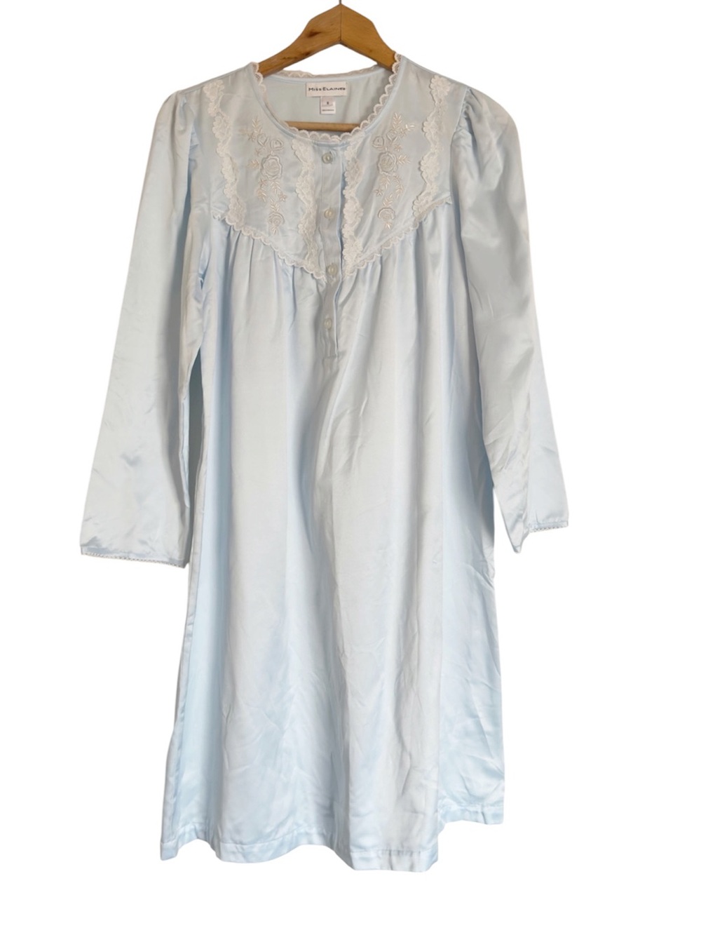 Miss Elaine Light Blue Brushed Back Nylon Long Sleeve Night Gown size S